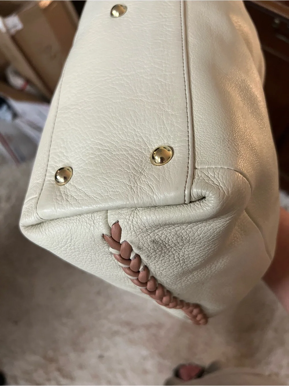 Furla Ivory Whipstitch Leather Tote with Tan Handles